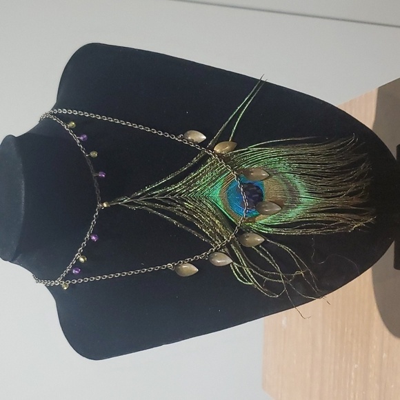 Bohemian Peacock Feather 2 strand beaded charm choker bronze necklace - Picture 3 of 5